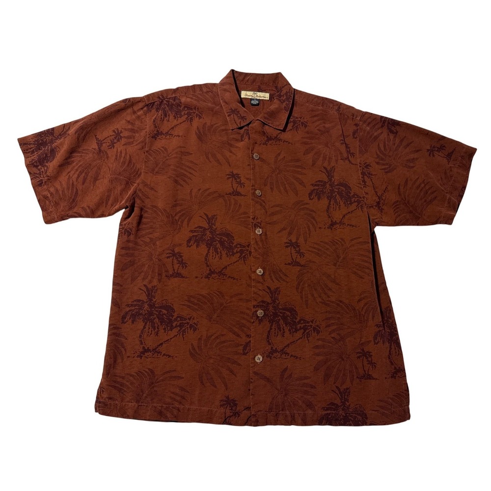 Tommy Bahama 100% Silk Shirt Mens M Rust Orange Palm Tree Print Short Sleeve Top